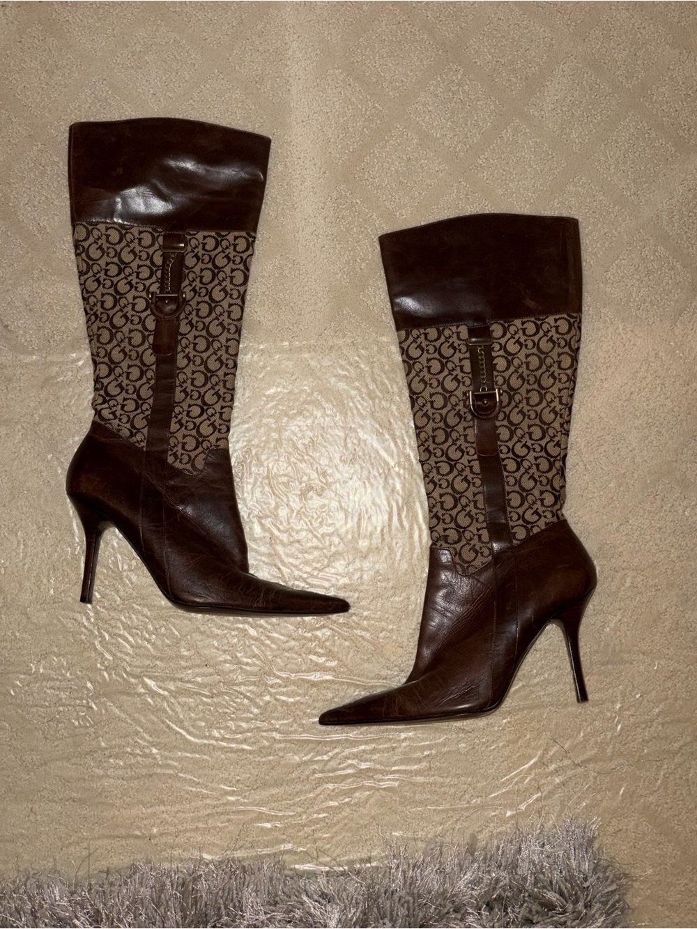 Vintage Guess Brown Leather Pointed Toe Stiletto Under the Knee Heeled Boots